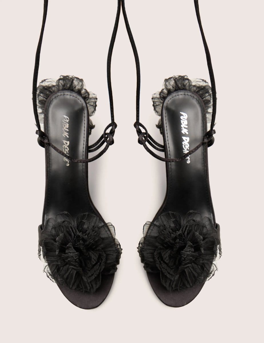 Public Desire Classy Black Ruffle Flower Detail Mid Heels - 4