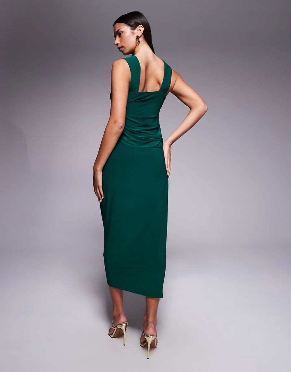 ASOS ASOS DESIGN shaped neckline wide strap with draped skirt midi dress in green - 4