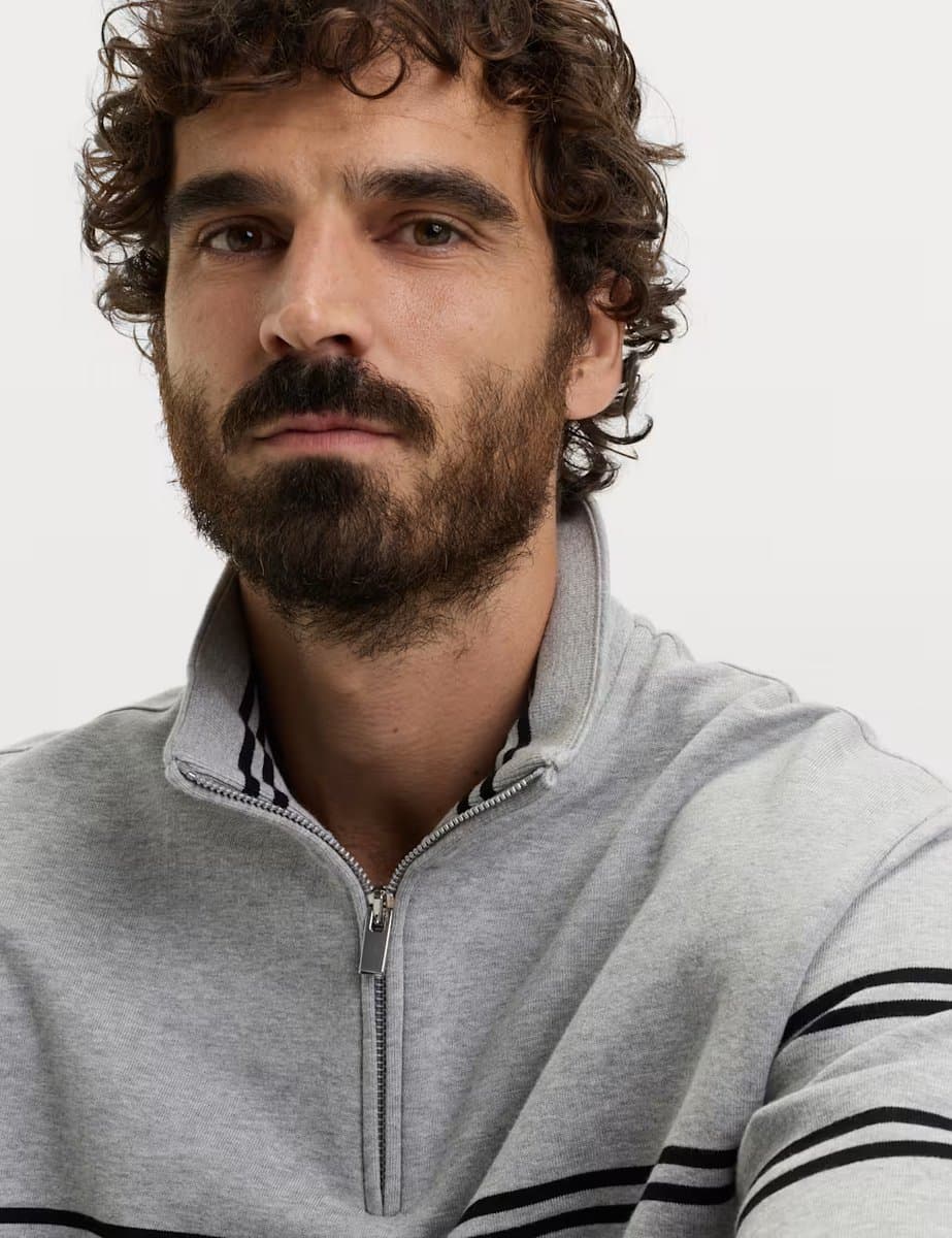 Marks & Spencer M&S Pure Cotton Striped Half Zip Sweatshirt Mid Grey Marl