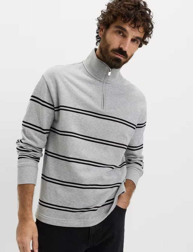Marks & Spencer M&S Pure Cotton Striped Half Zip Sweatshirt Mid Grey Marl - 2