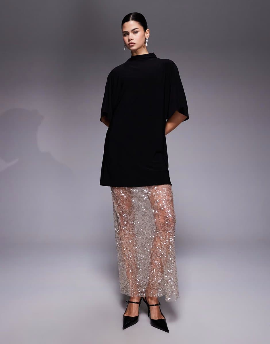 ASOS ASOS DESIGN 2 in 1 short sleeve t-shirt and lace sequin skirt maxi dress in champagne