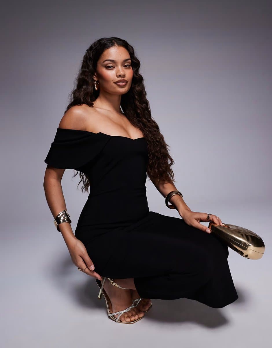 ASOS Vesper Petite bengaline bardot drape sleeve detail midaxi dress in black