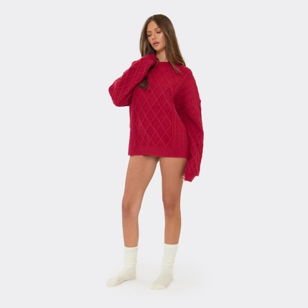 EGO Long Sleeve Oversized Jumper In Burgundy Cable Knit, Women's Size UK Medium M - 2