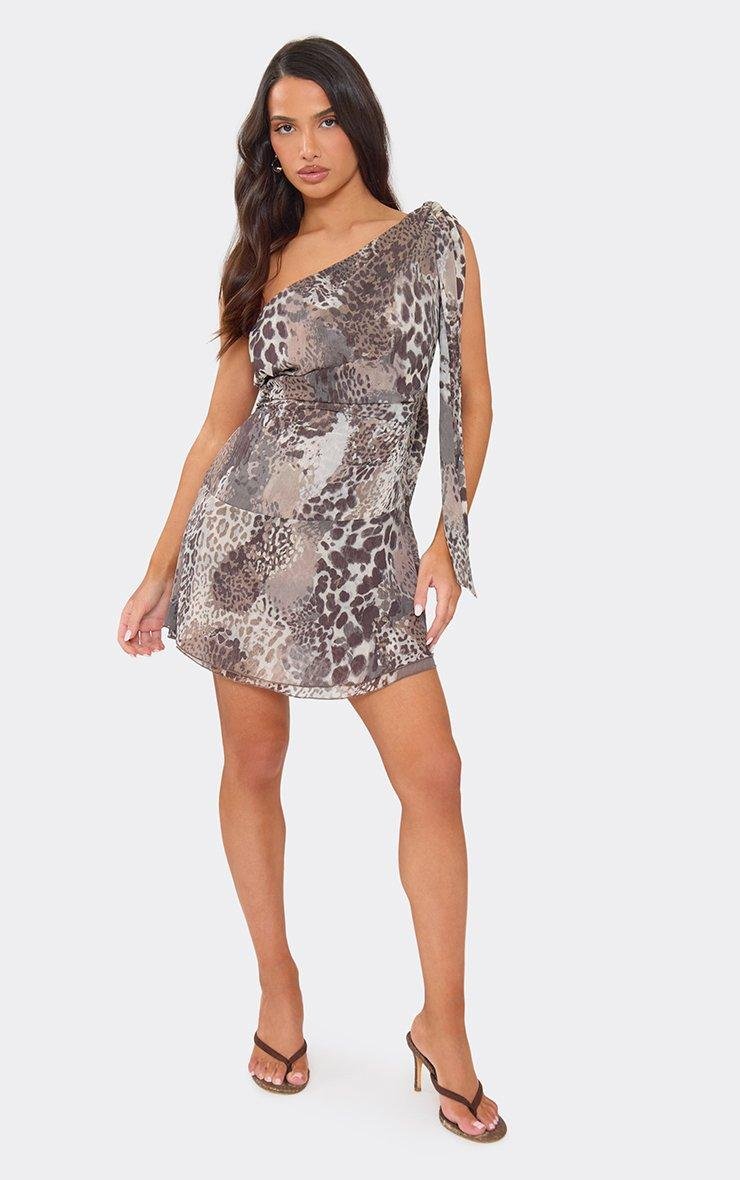 EGO One Shoulder Drape Detail Mini Dress In Brown Leopard Print Chiffon, Women's Size UK 6 - 2