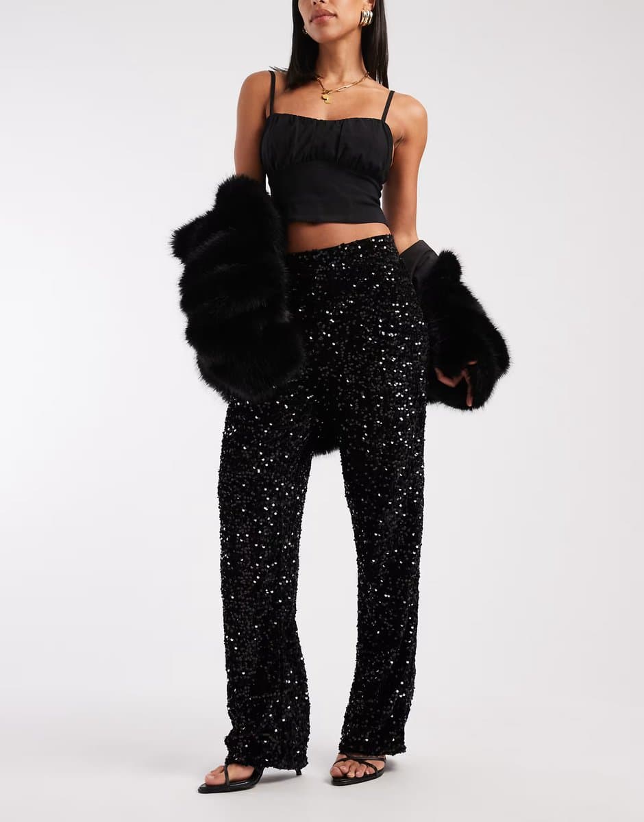 ASOS ASOS Pieces Wide Leg Velour Sequins Trousers in Black