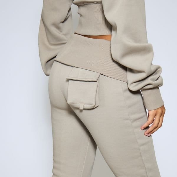 EGO Foldover Pocket Detail Flared Leg Joggers In Taupe, Women's Size UK 6 - 2