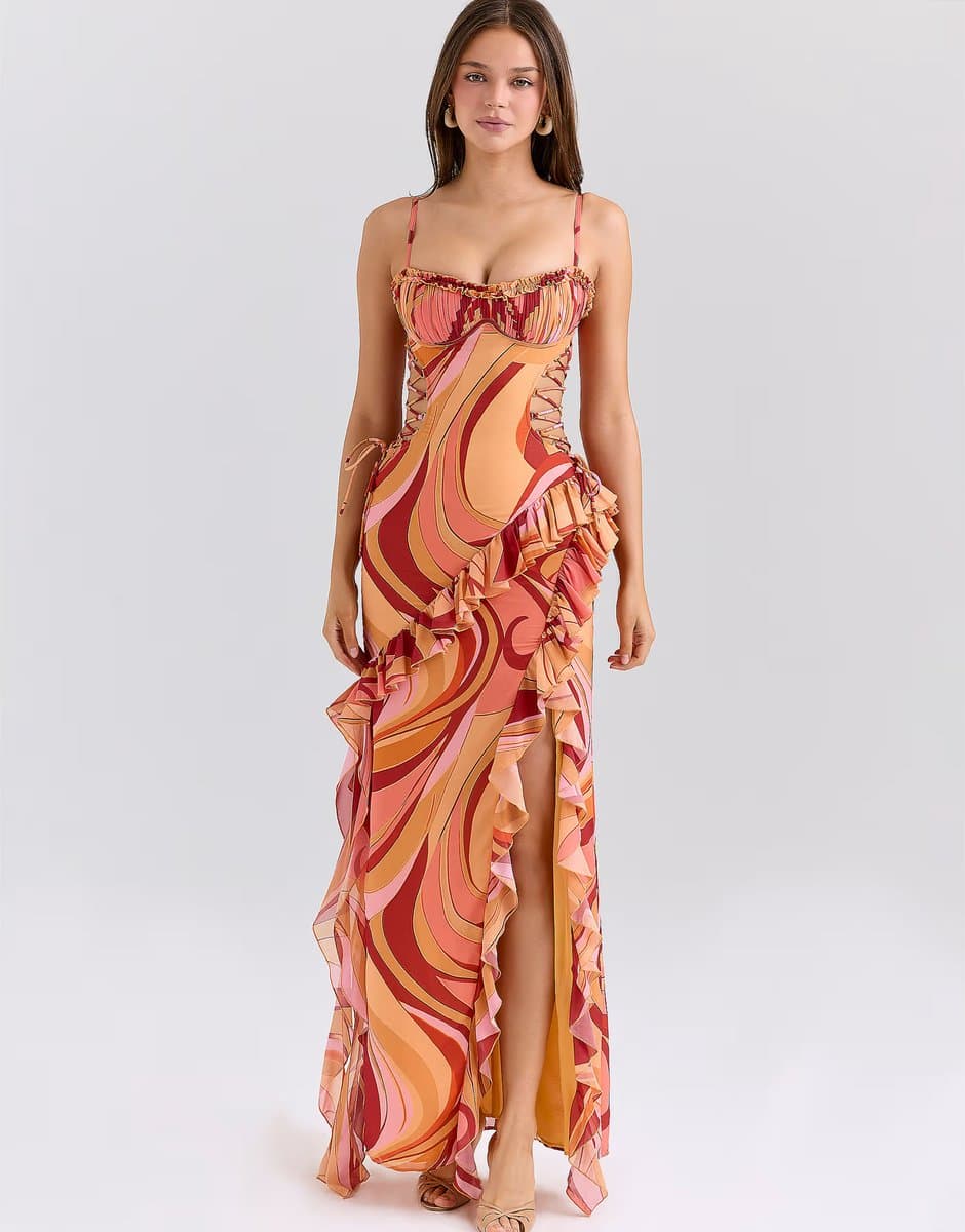 ASOS House of CB Lumira sunset swirl print ruffle cut out maxi dress in sunset swirl