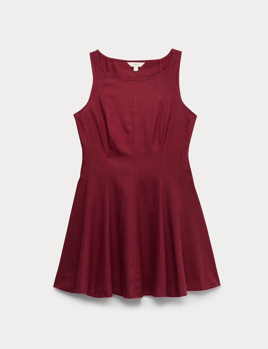 Marks & Spencer M&S Linen Rich Waisted Mini Shift Dress Light Wine