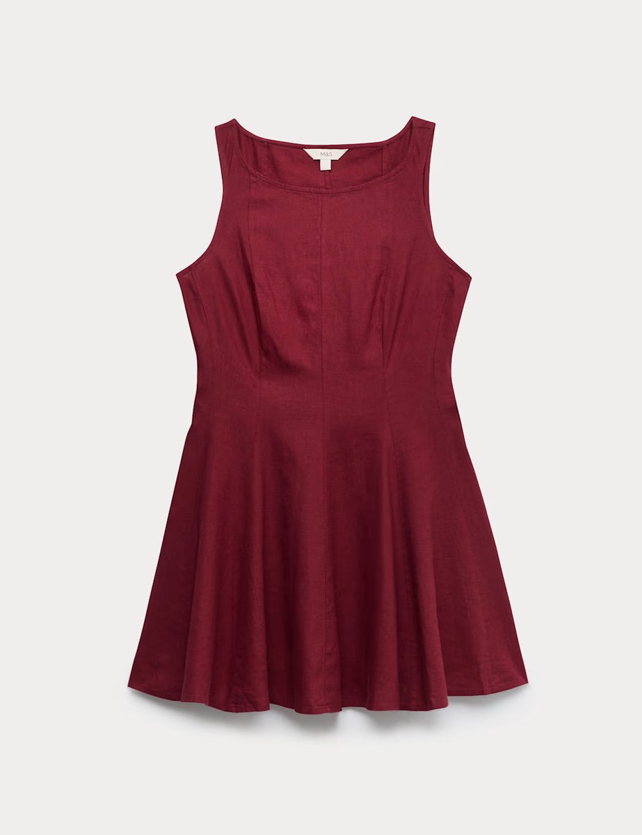 Marks & Spencer M&S Linen Rich Waisted Mini Shift Dress Light Wine - 2