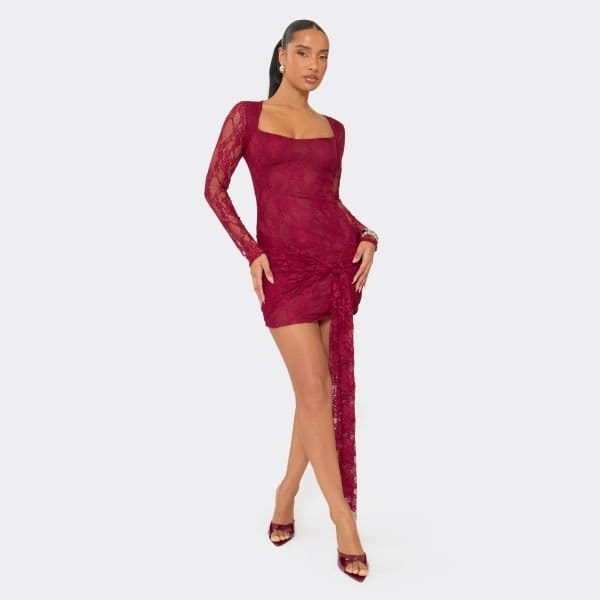 EGO Long Sleeve Square Neck Tie Drape Detail Mini Dress In Burgundy Lace, Women's Size UK 6 - 1