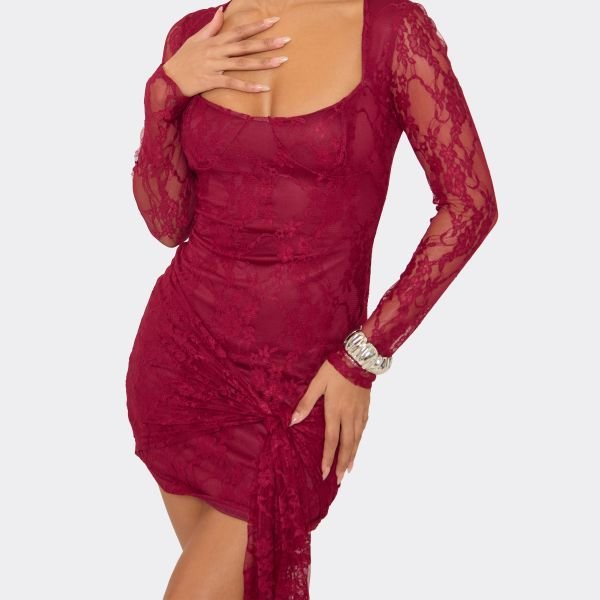EGO Long Sleeve Square Neck Tie Drape Detail Mini Dress In Burgundy Lace, Women's Size UK 6 - 2