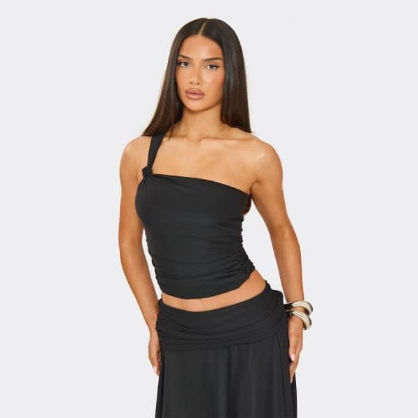 EGO One Shoulder Asymetric Top In Black, Women's Size UK 6