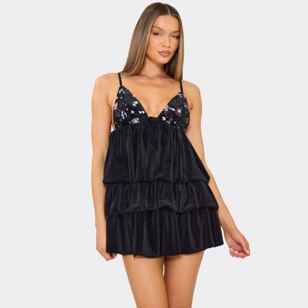 EGO Strappy Frill Hem Contrast Floral Sequin Bust Detail Mini Dress In Black Velvet, Women's Size UK 6