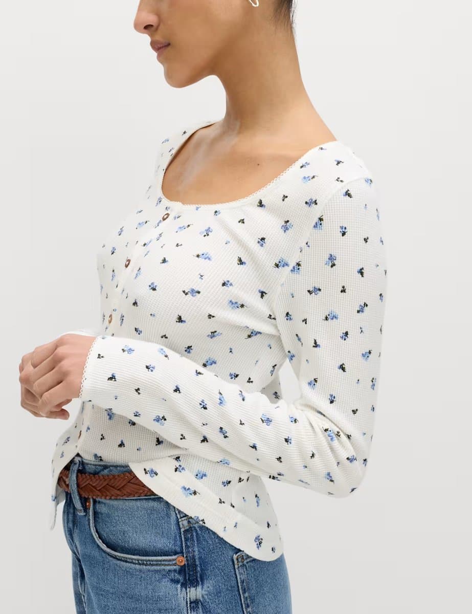 Marks & Spencer M&S Pure Cotton Waffle Scoop Neck Top Ivory Mix