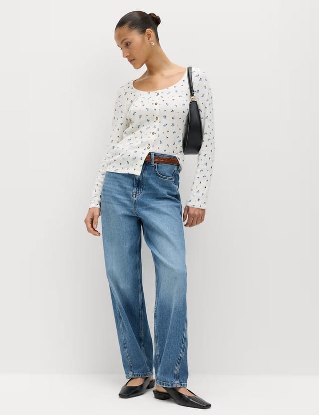 Marks & Spencer M&S Pure Cotton Waffle Scoop Neck Top Ivory Mix - 2