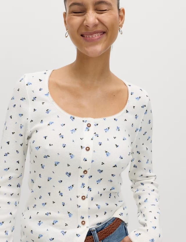 Marks & Spencer M&S Pure Cotton Waffle Scoop Neck Top Ivory Mix - 3