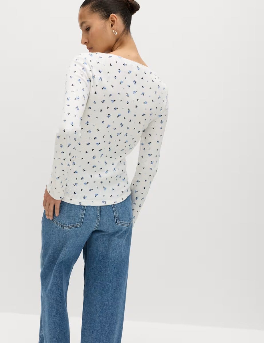 Marks & Spencer M&S Pure Cotton Waffle Scoop Neck Top Ivory Mix - 4