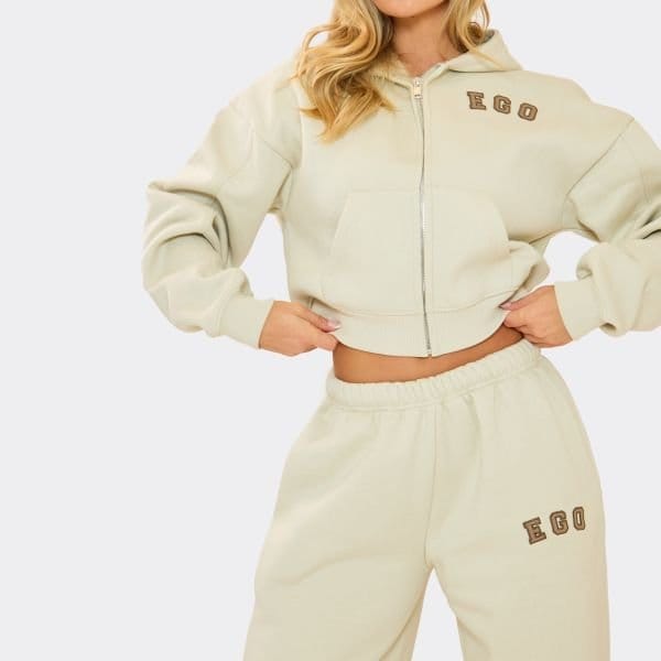 EGO Embroidered Graphic Detail Straight Leg Joggers In Ecru, Women's Size UK 6 - 2