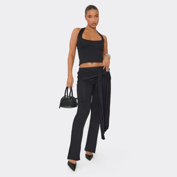 EGO Mid Rise Ruched Drape Detail Straight Leg Trousers In Black, Women's Size UK 6