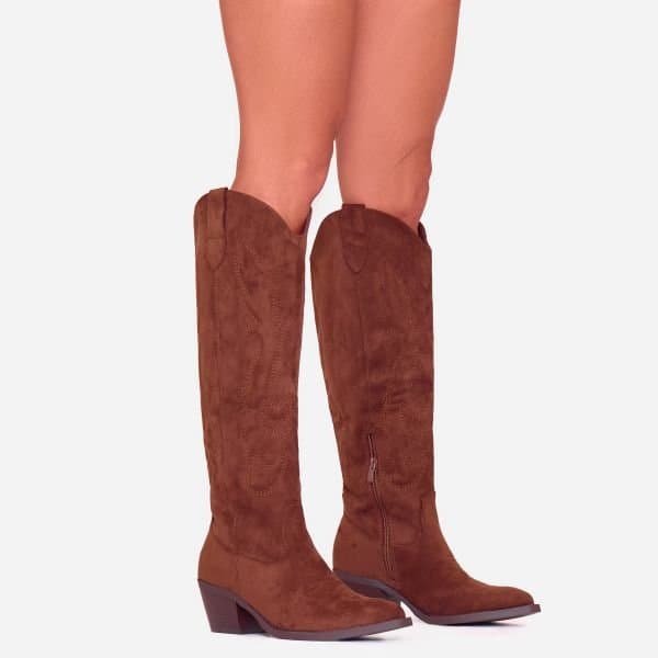EGO Cardinia Embroidered Detail Pointed Toe Knee High Long Western Boot In Dark Olive Faux Suede, Women's Size UK 3