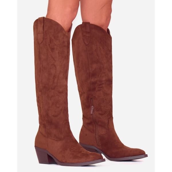 EGO Cardinia Embroidered Detail Pointed Toe Knee High Long Western Boot In Dark Olive Faux Suede, Women's Size UK 3 - 2