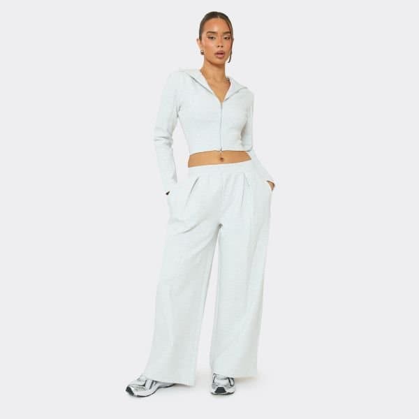EGO Mid Rise Pleat Detail Wide Leg Joggers In Light Grey Marl Interlock, Women's Size UK 6