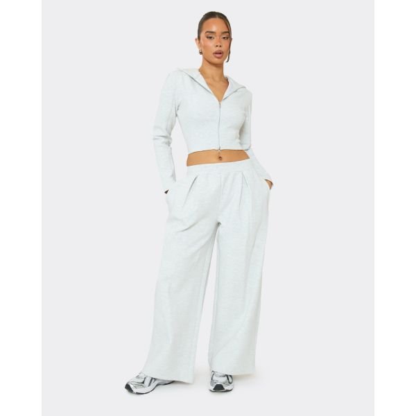 EGO Mid Rise Pleat Detail Wide Leg Joggers In Light Grey Marl Interlock, Women's Size UK 6 - 2