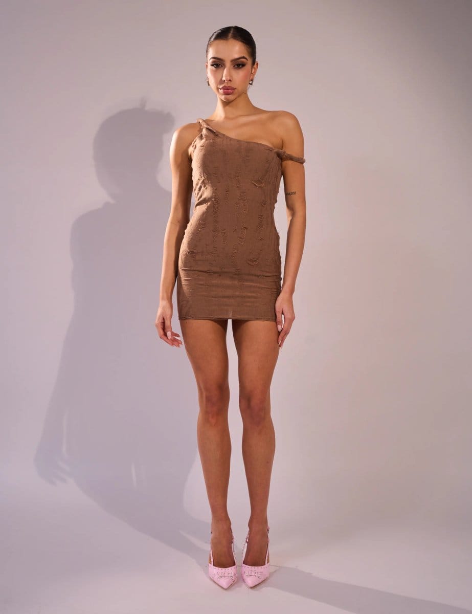 Public Desire Distressed Twisted Off Shoulder Mini Dress Brown - 4