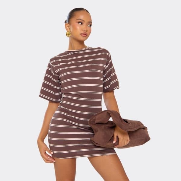 EGO Short Sleeve Shoulder Pad Cinched Waist Detail T-Shirt Dress In Brown Stripe, Women's Size UK 6