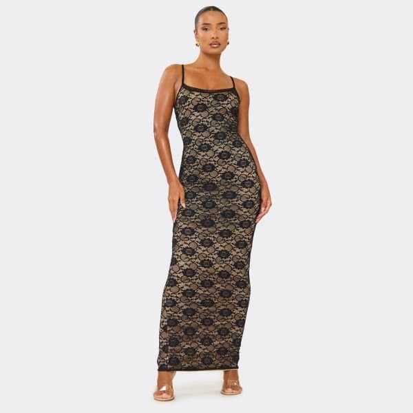 EGO Strappy Scoop Neck Maxi Dress In Black Lace, Women's Size UK 6