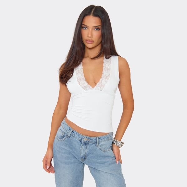 EGO PLUNGE FRONT LACE TRIM SLEEVLESS TOP IN WHITE, Women's Size UK 6 - 1