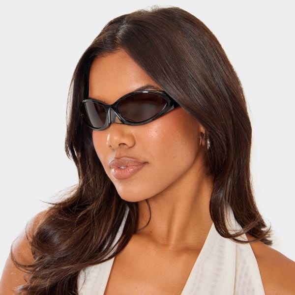 EGO Brown Lense Nose Detail Wrap Around Sunglasses In Black, Women's Size UK One Size - 1