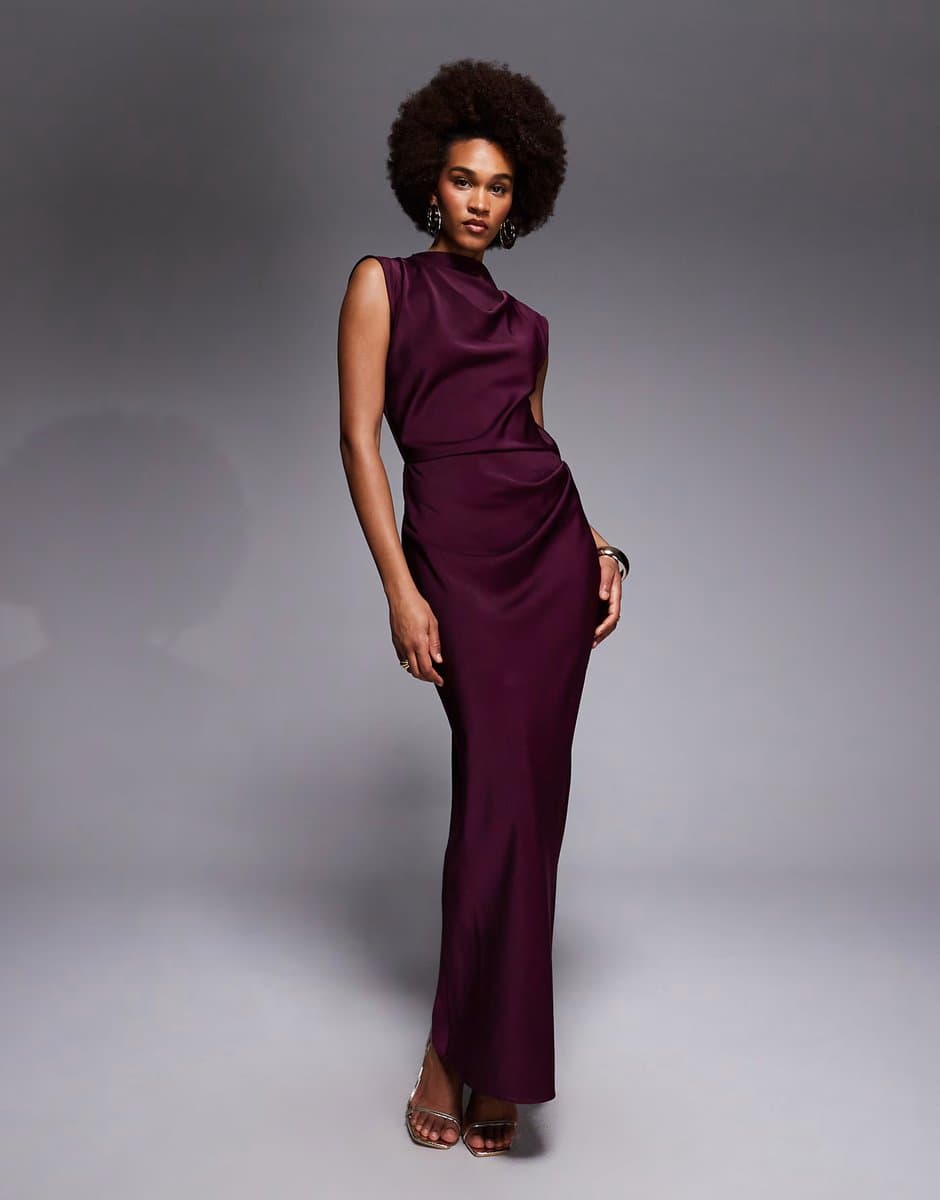 ASOS ASOS DESIGN Tall satin high neck pleated bodice midi dress in berry
