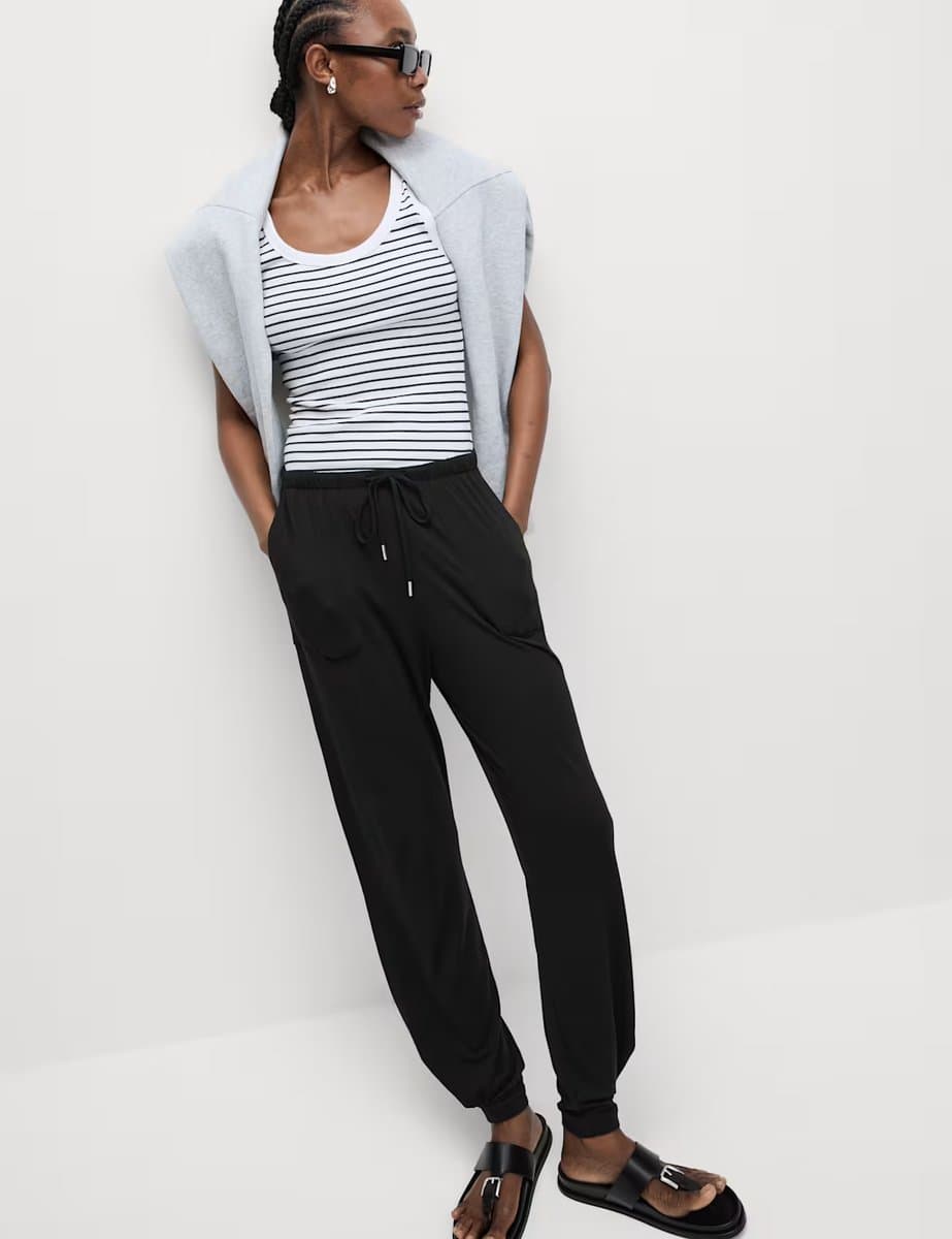 Marks & Spencer M&S Jersey Drawstring Pintuck Tapered Trousers Black