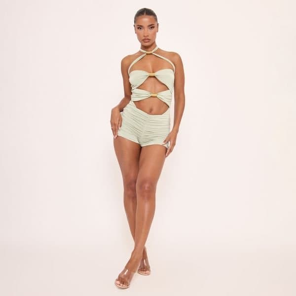 EGO Mid Rise Ruched Detail Hot Pants In Green, Women's Size UK 8