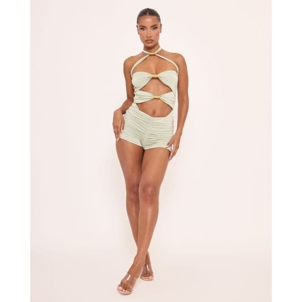 EGO Mid Rise Ruched Detail Hot Pants In Green, Women's Size UK 8 - 2