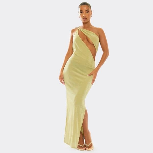 EGO Asymmetric One Shoulder Cut Out Detail Maxi Dress In Green, Women's Size UK 8