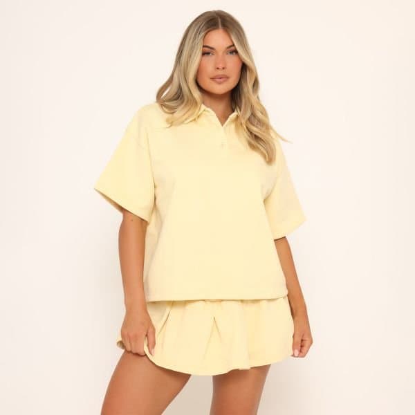 EGO Short Sleeve Polo Collar Detail Oversized Sweatshirt In Yellow, Women's Size UK 10