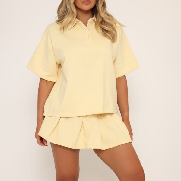 EGO Short Sleeve Polo Collar Detail Oversized Sweatshirt In Yellow, Women's Size UK 10 - 2
