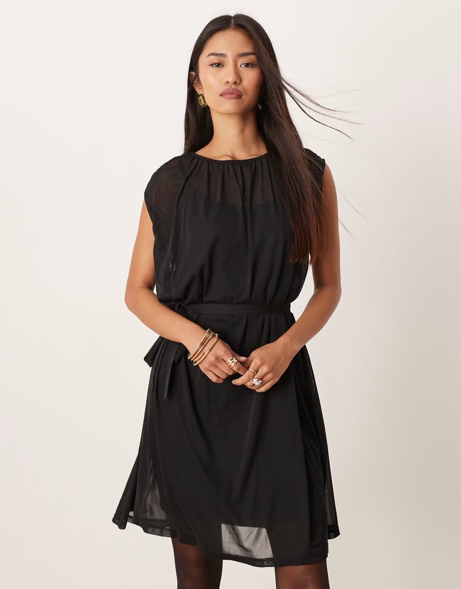 ASOS Vila tie waist chiffon mini dress in black