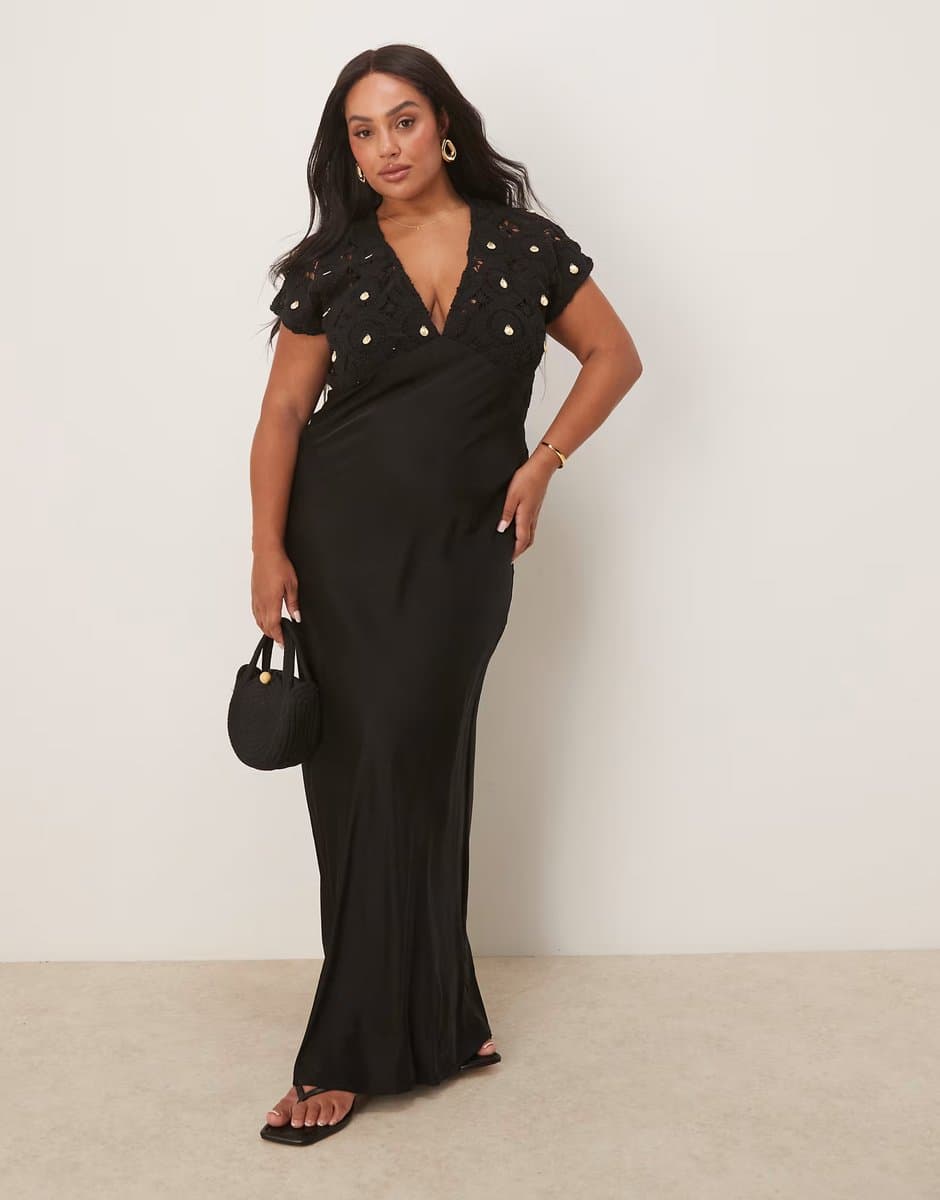 ASOS Never Fully Dressed Plus crochet shell maxi dress in black