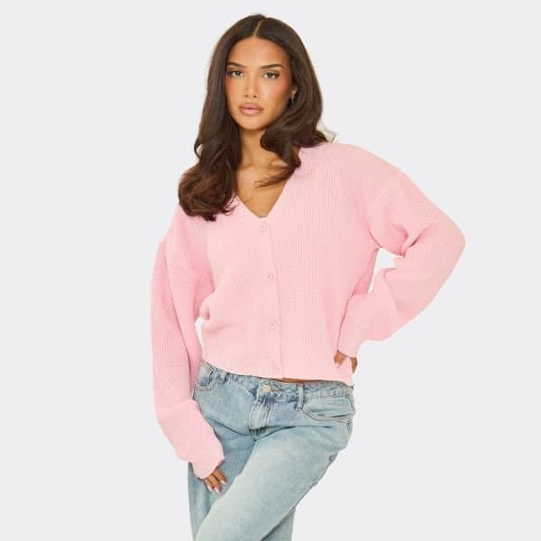 EGO EGO V Neck Button Down Cardigan in Baby Pink