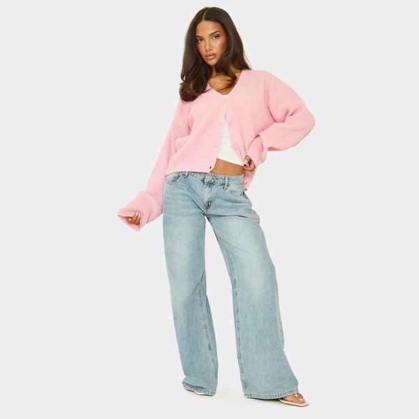 EGO V Neck Button Down Cardigan In Baby Pink Knit, Women's Size UK Large L - 2