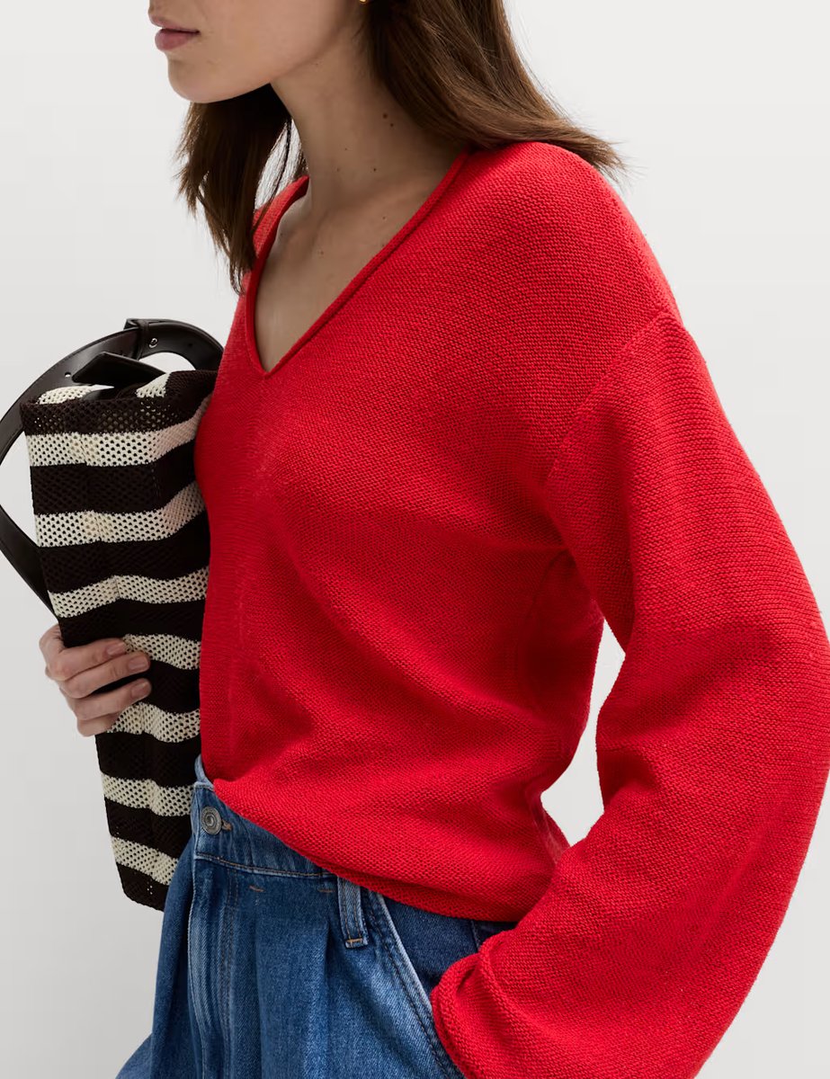 Marks & Spencer M&S Cotton Blend V-Neck Slim Fit Jumper Chilli - 2