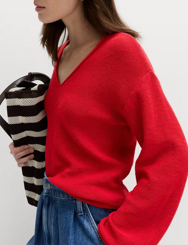 Marks & Spencer M&S Cotton Blend V-Neck Slim Fit Jumper Chilli - 2