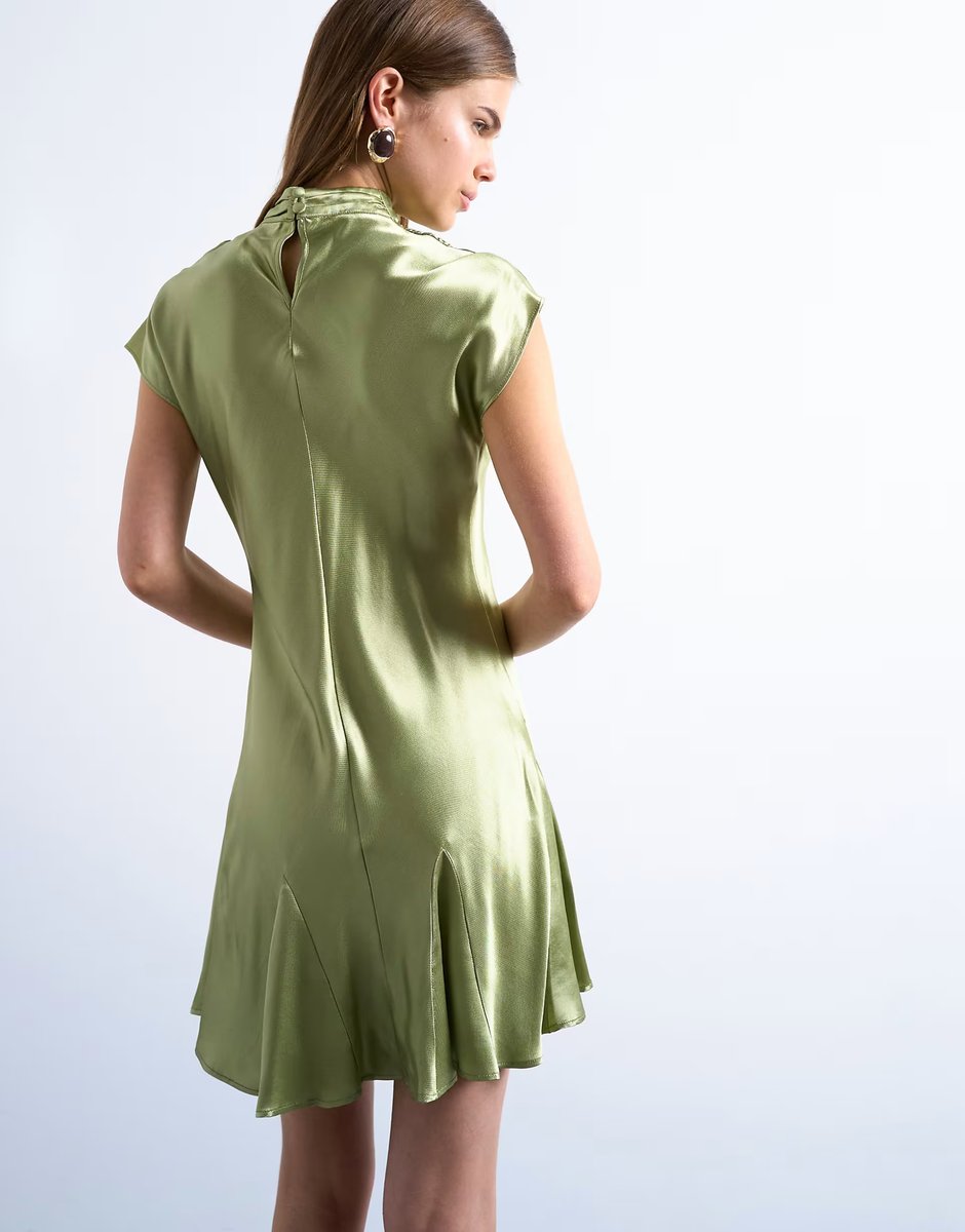 ASOS Topshop grown on sleeve satin dress in olive - 4