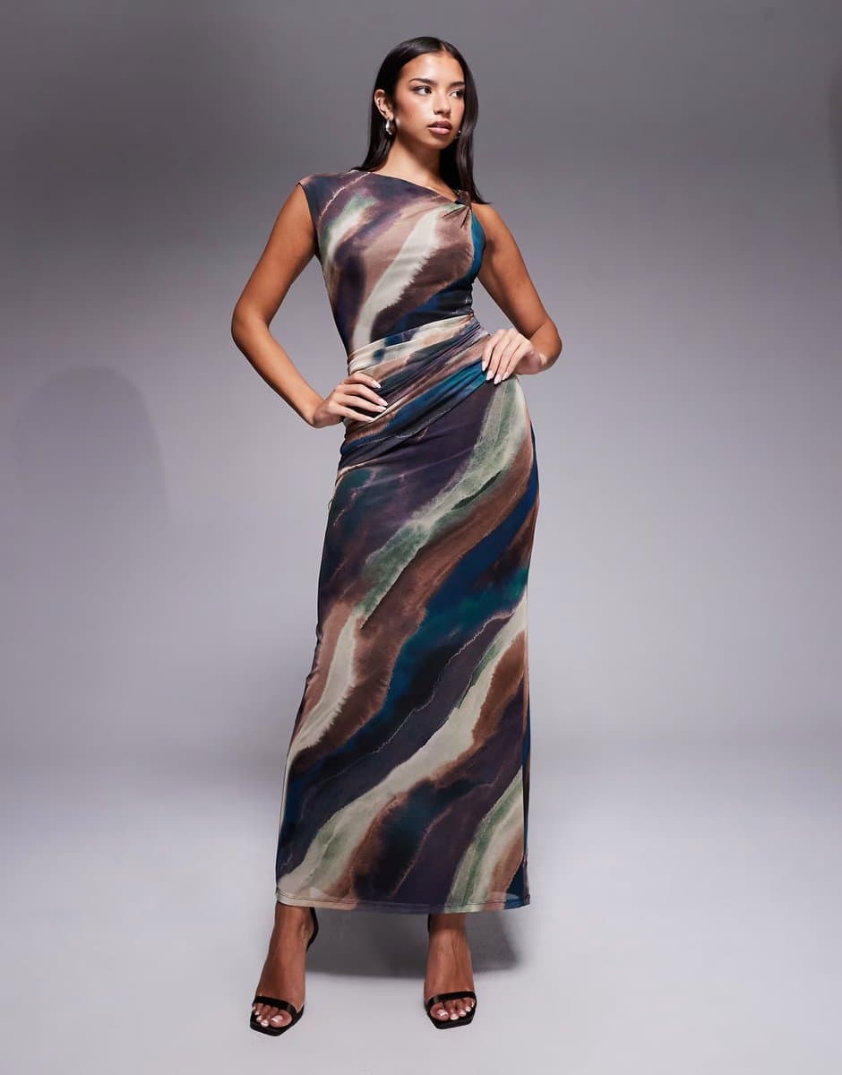 ASOS Forever New mesh knot front maxi dress in neutral abstract print