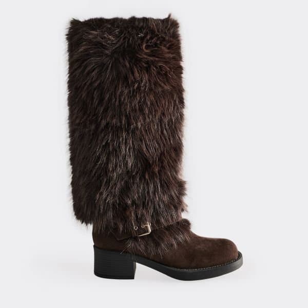 EGO Indira Side Buckle Contrast Faux Fur Detail Boot In Brown Faux Suede, Women's Size UK 3