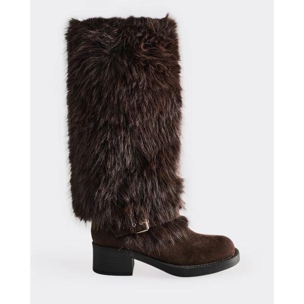 EGO Indira Side Buckle Contrast Faux Fur Detail Boot In Brown Faux Suede, Women's Size UK 3 - 2