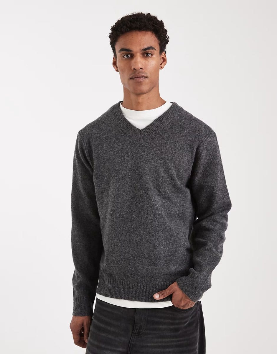 ASOS ONLY & SONS brushed knit v neck jumper in dark grey - 1